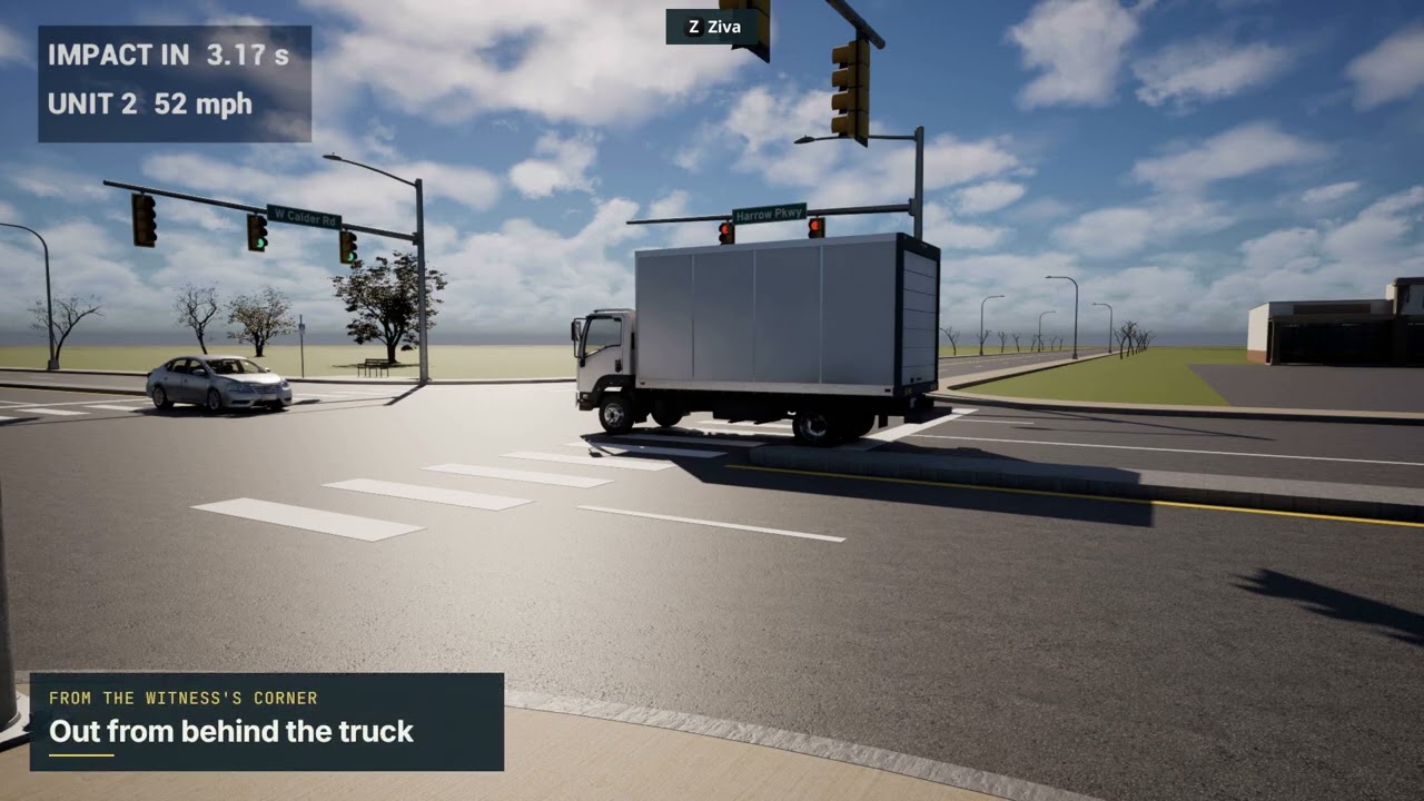 An illustrative collision reconstructed at a road intersection